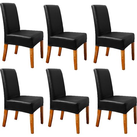 Lot de 6 housses de chaises de salle à manger imperméables en similicuir uni, extensibles et universelles, noires. (1/5)
