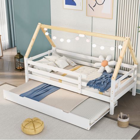 Kinderbett Hausbett Massivholz weiß/natur 90x200 cm mit Ausziehbett und Sicherheitsgeländer (1/5)