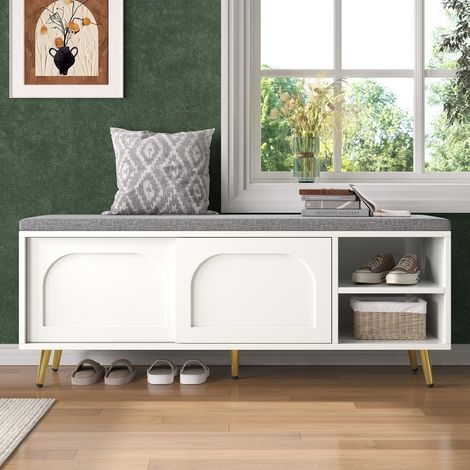 Schuhbank 121 x 35 x 49 cm – Aufbewahrungsmöbel für den Eingangsbereich mit Sitzkissen und Ablagen – Weiß, Spanplatten