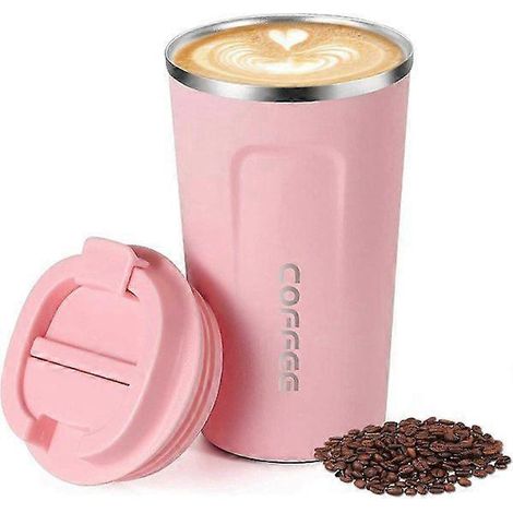 Mug de voyage, tasse à café isotherme, bouteille d'eau réutilisable en acier inoxydable avec couvercle étanche pour boissons chaudes et froides (380 ml, rose) (1/5)