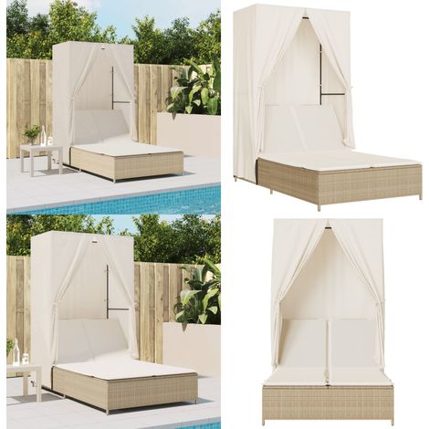 Chaise longue double avec toit et rideaux beige résine tressée - Chaises Longues Doubles - Transats - Bain De Soleil - Mobilier De Jardin - Chaises Extérieures - Home & Living (1/5)