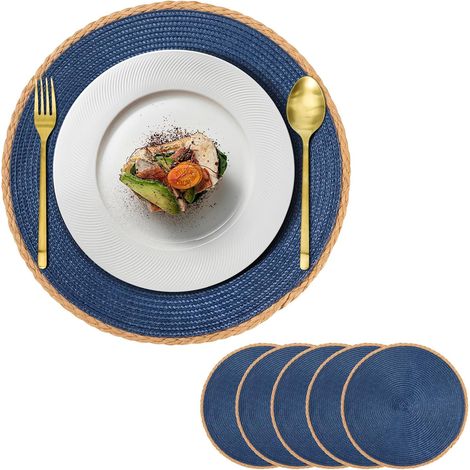 Set di sei tovagliette rotonde, lavabili, resistenti al calore e antiscivolo, ideali per matrimoni in stile rustico, decorazioni per la tavola e cucine domestiche. Colore blu - posate non incluse.
