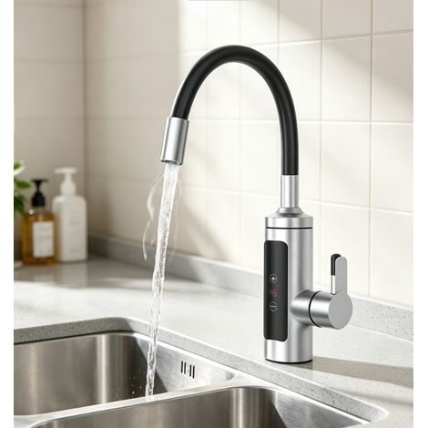 Robinet chauffant instantané en acier inoxydable thermostaté variable robinet d’eau chaude et froide avec tuyau flexible orientable pour cuisine salle de bain usage domestique 3000W IPX4 (1/5)