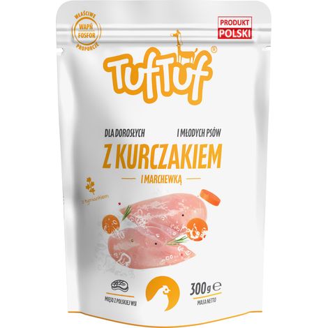 Comida húmeda para perros TufTuf, pollo con zanahorias, bolsa de 300 g, carne en conserva. (1/4)