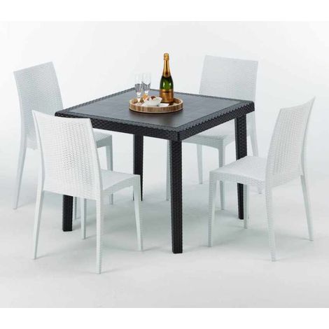 Tavolino Quadrato Nero 90x90 cm con 4 Sedie Colorate Bistrot Passion - Bianco