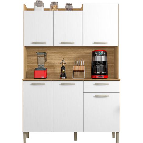 Beaux Meubles Pas Chers – Buffet de cuisine imitation chêne et blanc – 6 portes – 1 tiroir – Dimensions L 121.5 x H 176 x P 36.3 cm – Bois certifié FSC