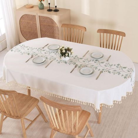 Ovale, fleckenabweisende, beige Tischdecke aus Baumwoll-Leinen-Mischgewebe, waschbar, mit Fransen und grüner Blattstickerei, 140 x 180 cm, für Esstisch oder Küche (1/5)