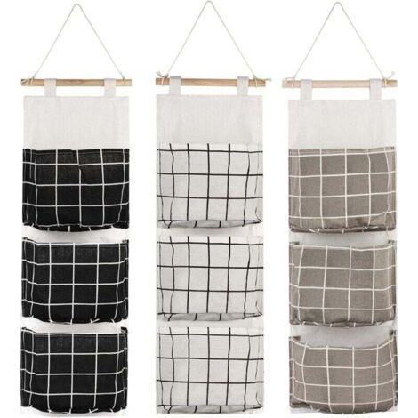 3Pcs Hanging Storage Bag with 3 Pockets, Fabric Wall Shelf Basket Storage Pouch Organizer for Bedroom Bathroom Kitchen - Waterproof & Stylish (Black/Grey/White).. (1/5)