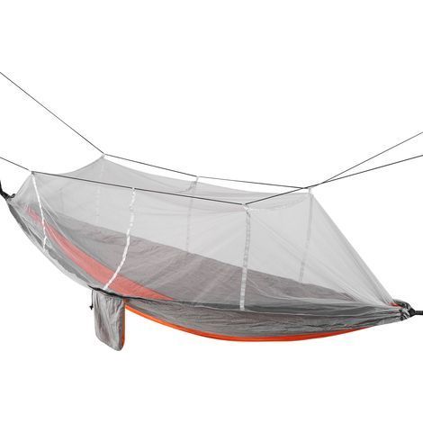 Camping-Hängematte für eine oder zwei Personen mit Moskitonetz, tragbar und leicht, zur Befestigung an Bäumen, orange und grau, graues Netzgewebe. (1/5)
