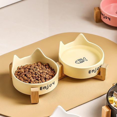 Set aus 2 Keramik-Katzentoiletten mit Holzständer, Futter- und Wassernapf für Katzen, ungiftiger Haustiernapf, Futter- und Wasserset für Katzen und Welpen (gelb) (1/5)