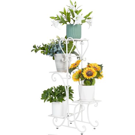 Soporte Macetas de Hierro Estanteria Plantas Jardín Interior Exterior con 4 Niveles, Blanco