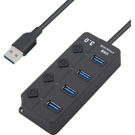 Hub USB 4 Ports USB 3.0, Adaptateur USB,Répartiteur USB, D'Extension avec Interrupteurs Marche Arrêt Individuels pour PS5 PC Ordinateur Portable, Clé USB, Macbook et Plus Encore (1/5)