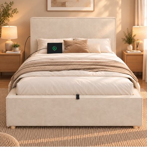 Cama individual con arcón 90x200 cm de tela peluche beige, sin colchón – MEUBLIV (1/5)