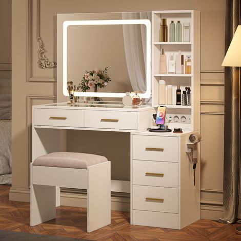 Coiffeuse avec Miroir avec Lumières, Luminosité et Effets Lumineux Réglable, Table de Maquillage avec Tabouret, 5 Tiroirs, Étagères Réglables, Fonction de charge, Blanc (1/5)