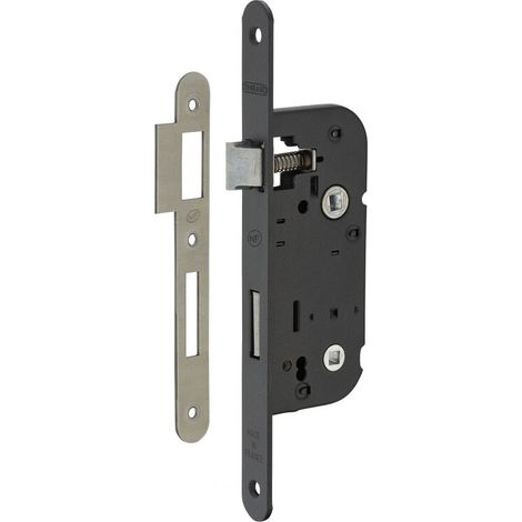Serrure encastrable NF à condamnation pour salle de bain – Axe 40mm – Coffre en acier – Gâche plate – Entr'axe 70mm – Finition époxy noir granité (1/5)