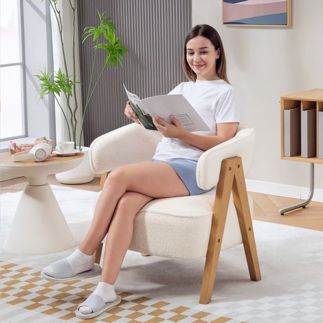 Fauteuil moderne rembourré, revêtement polaire, fauteuil d'appoint, fauteuil avec pieds en bois, structure en métal, blanc (1/5)