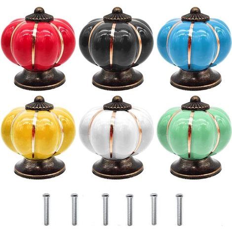 Pomello in ceramica, 6 pezzi, pomello in ceramica colorato, pomello in ceramica retrò, pomello a forma di zucca, con viti, per mobile da cucina, 6 colori (1/5)