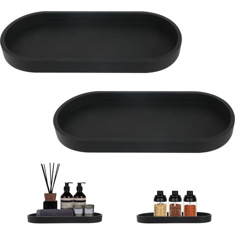 Set di 2 vassoi da bagno, vassoi decorativi, vassoi portaoggetti in silicone nero, piccoli vassoi per lavabi, vasche da bagno, lavelli da cucina e WC (ovali)