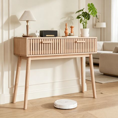 Table console en bois massif 100x35x80 cm, 2 tiroirs de rangement, Système anti-basculement, buffet Design moderne Naturel pour salon, entrée, couloir (1/5)