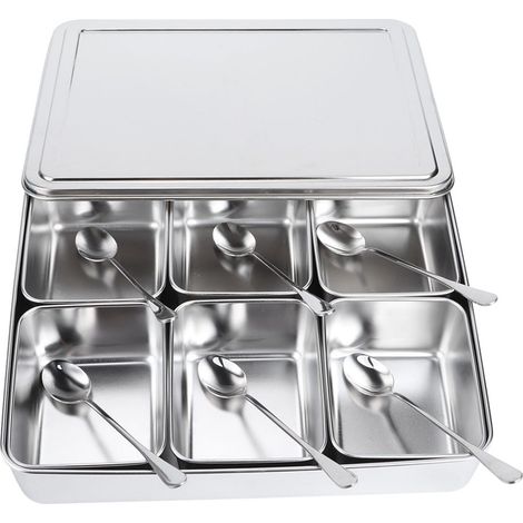 Boîte de Rangement Épices en Acier Inoxydable 6 Cases avec Cuillères - Ustensiles de Cuisine (1/5)