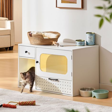 Wooden Cat Litter Box Enclosure, Indoor Hidden Litter Box Washroom with Storage Drawers for Cat Kitty White