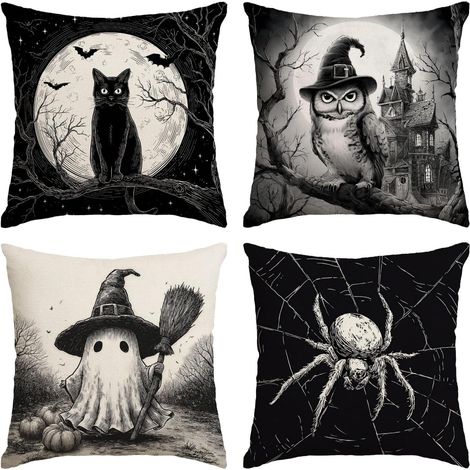 Fundas de cojín decorativas de Halloween de 45x45 cm, juego de 4 con diseños de fantasmas, gatos, arañas y búhos, fundas de cojín para sofá en blanco y negro. (1/4)