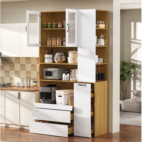 Highboard mit verstellbaren Regalböden und Schubladen, Buffetschrank mit ausziehbaren Regalböden und Riffelglas , Ideal für Esszimmer, Wohnzimmer und Küche (Weiß+Natur) (1/5)