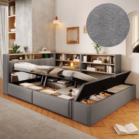 Lit coffre 140x200cm double avec rangement hydraulique et sommier relevable LED APP avec USB-A et C chevet modulable et banc coffre en velours gris (1/5)