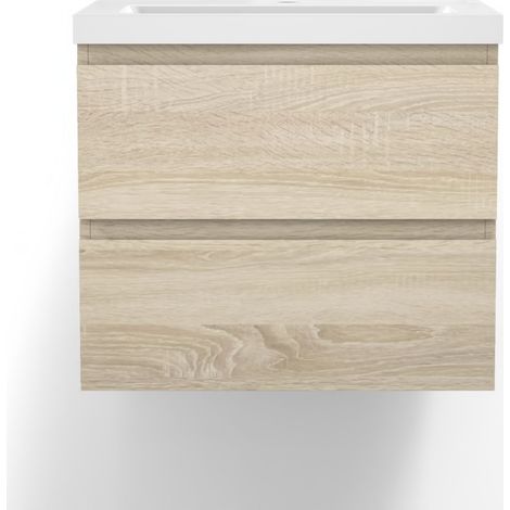 Océan 600(L)x385(W)x490(H)mm meuble naturel, meuble de salle de bain avec vasque, 2 tiroirs