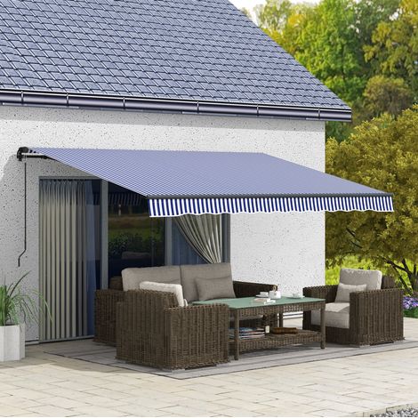 Store banne mural extensible 4x3 m en polyester bleu et blanc, manivelle, pour balcon FloraGrace (1/5)