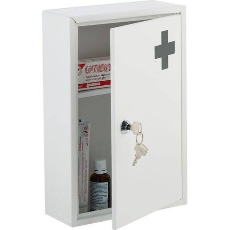 Relaxdays Armadietto Pronto Soccorso per Medicinali, 2 Scomparti, Cassetta Chiusura di Sicurezza, 32x21,5x8 cm, Bianco