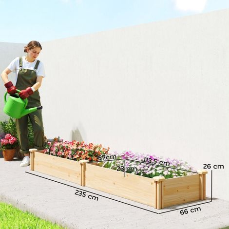 Grand bac de culture en bois naturel avec cloison séparatrice et fond ouvert, 235 x 66 x 26 cm, résistant et personnalisable pour jardin