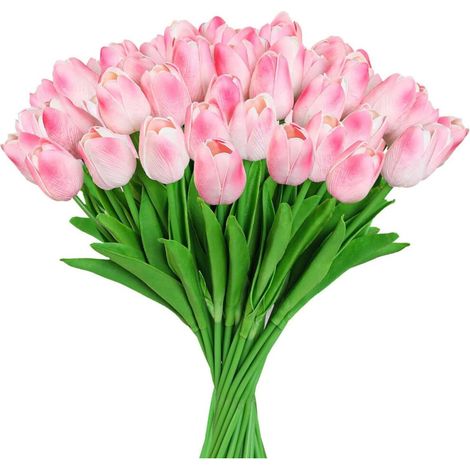 Tulipanes artificiales rosas: paquete de 10 tulipanes rosas de rayón con tallos, ideales para la decoración del hogar, bodas, hoteles y oficinas.