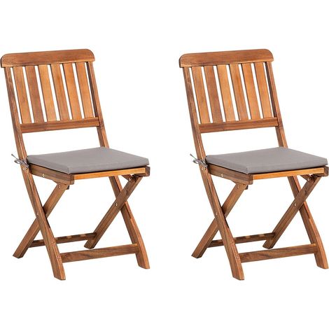 Set of 2 Garden Chairs Acacia Wood Folding Slatted Back with Grey Seat Pad Cushions CENTO