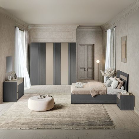 Dormitorio completo con cama de almacenaje y armario de 6 puertas en gris y talco - Faba (1/3)