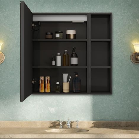 AVER-GROWTH 600mm Anthracite Grey Wall Mount LED Bathroom Mirror Cabinet, Flexible Adjustable Internal Shelves, 3 Color Dimmable Lights with Shaver Socket (1/5)