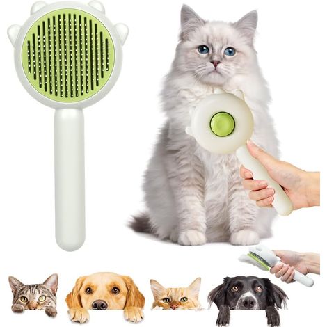 Brosse pour chat - Brosse à épiler autonettoyante pour la perte de cheveux et le toilettage - Élimine les sous-poils, les tapis et les poils emmêlés (vert) (1/5)