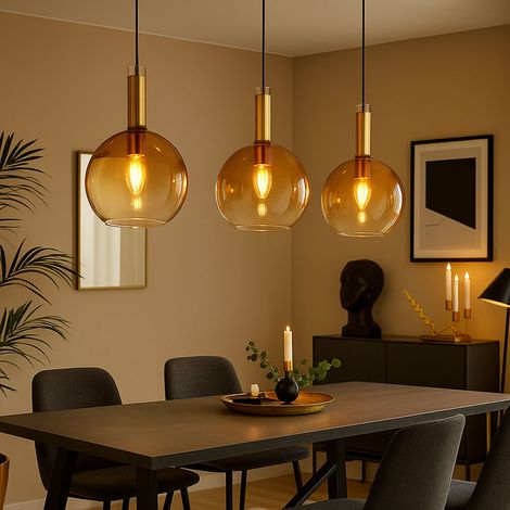LED Pendellampe Höhenverstellbar Pendelleuchte Wohnzimmerlampe messing amber Hängeleuchte 3 Flammig Glas, Metall, 3x 6W 380Lm warmweiß, LxBxH 90x20x150 cm