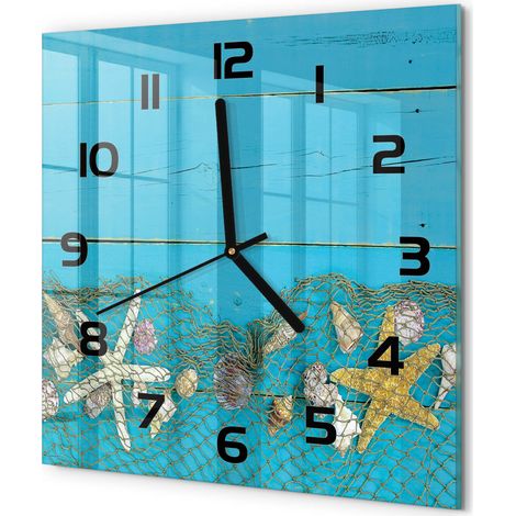 Horloge Murale Carrée Design Original Verre Silencieuse Déco Maison Étoiles de mer et coquillages 30x30 cm (1/5)