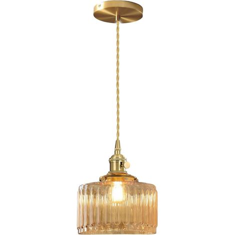 Suspension Moderne en Verre avec Douille Métal E27 Dorée, Abat-jour Texturé, Ambre rayé (1/5)