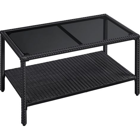 Homevive Mesa del Café Dos Capas para Patio Exterior Rectángulo con Tapa de Cristal Templado 92x50x46 cm Negro (1/5)