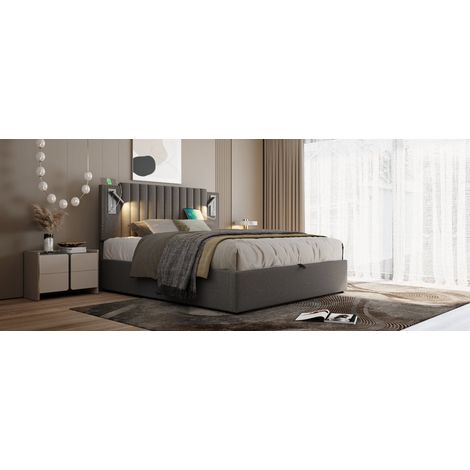 Bett 160x200 cm mit Stauraumschublade, USB-Leselampe und Vintage-Knopftufting (1/5)