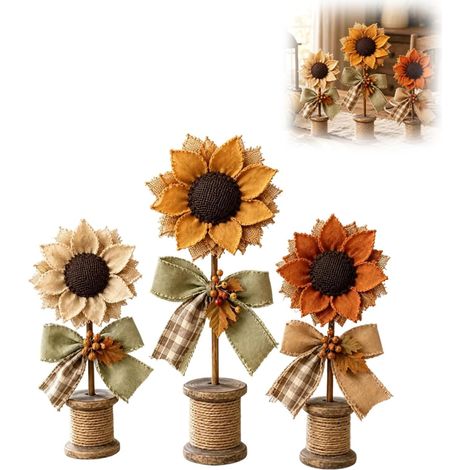 Irovami Ensemble de 3 figurines décoratives rustiques de tournesols de style vintage pour centre de table de ferme, étagère de salon, accessoires de décoration intérieure (1/5)