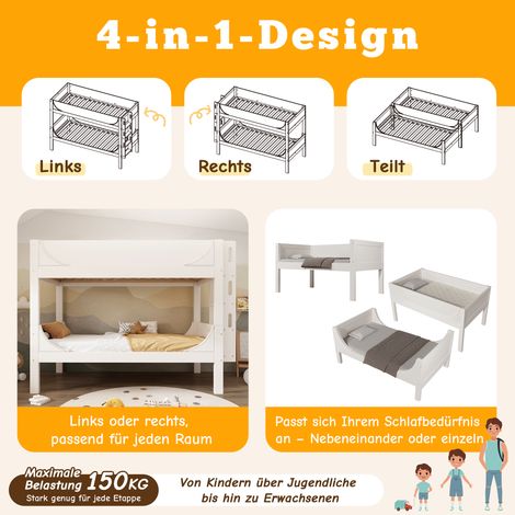 Lit superposé séparable 90x200cm, échelle montable en tête/pied de lit, design traîneau, 1 lit devient 2 lits simples, blanc, norme EN747-1:2024 (sans matelas) (1/5)