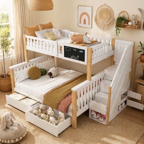 DESMIU Lit Superposé 2 Places avec Tableau, 2 Tiroirs, 90 × 200 cm et 140 × 200 cm sans Matelas (1/4)