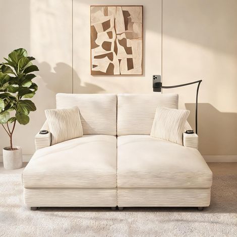 Canapé 2 places convertible 163 cm beige avec repose-pieds (1/5)