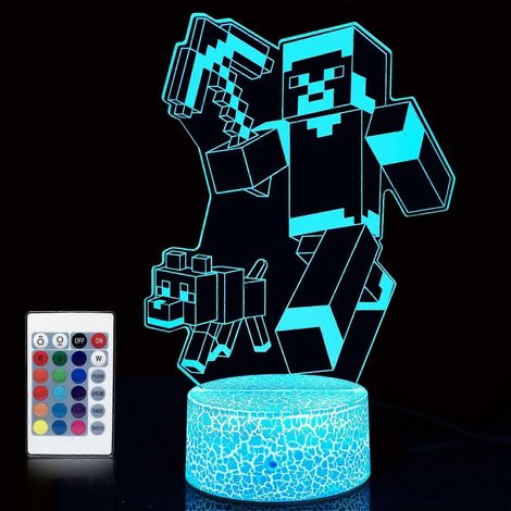 Veilleuse Minecraft pour enfants, lampe illusion 3D, 16 couleurs changeantes avec télécommande, décoration de chevet pour chambre d'enfant, cadeau idéal pour Noël ou un anniversaire. (1/5)