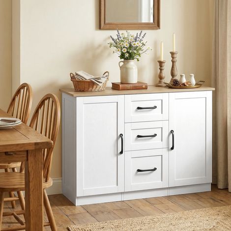 Credenza da soggiorno, mobile contenitore con 2 ante a chiusura ammortizzata e 3 cassetti, 110x35x80,4 cm, bianco e legno naturale.