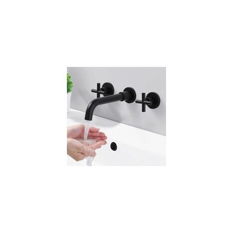 Grifo mezclador mural para lavabo, giratorio 360°, con doble mando, 3 orificios de montaje empotrado, ideal para bañera o lavabo. Color negro.