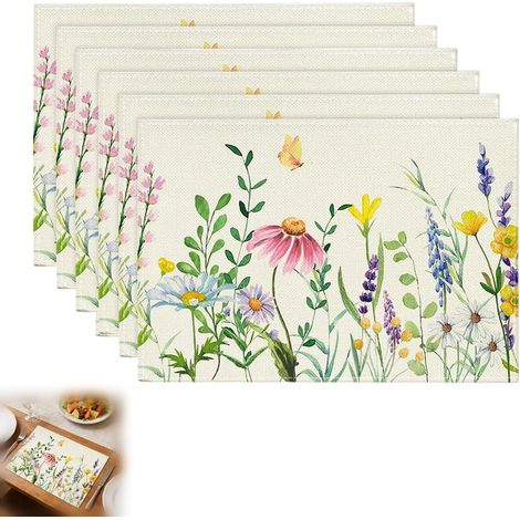 6 Sets de Table en Lin à Fleurs, Set de Table Printemps Été, Sets de Couverts Lavables, Rectangulaires Résistants à la Chaleur (1/5)
